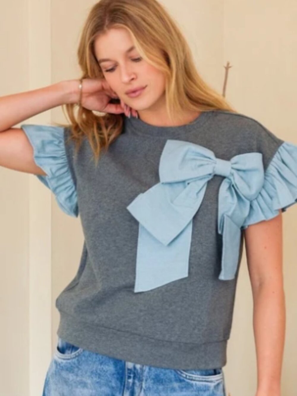 🟩 TRENDiLiTY Gray French Terry Top with Denim Bow Detail, Medium
